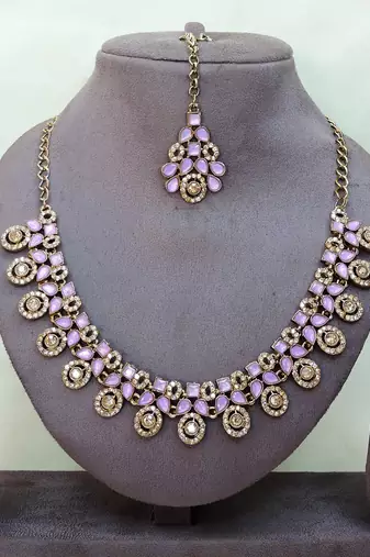 Purple yellow gold premium designer american diamond and stone work necklace set