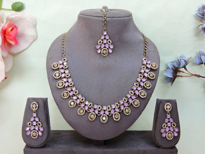 Purple yellow gold premium designer american diamond and stone work necklace set