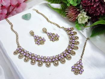 Purple yellow gold premium designer american diamond and stone work necklace set 2