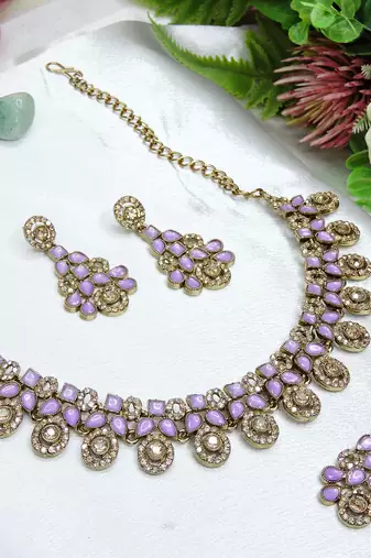 Purple yellow gold premium designer american diamond and stone work necklace set