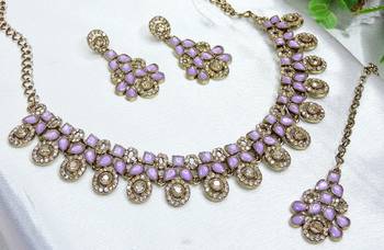 Purple yellow gold premium designer american diamond and stone work necklace set 3
