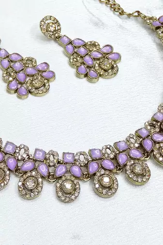 Purple yellow gold premium designer american diamond and stone work necklace set