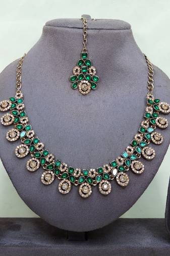Green yellow gold premium designer american diamond and stone work necklace set