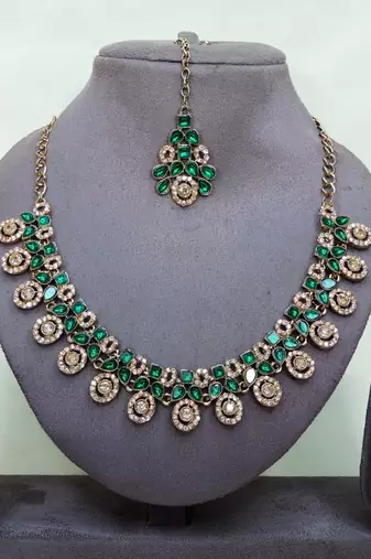 Green yellow gold premium designer american diamond and stone work necklace set