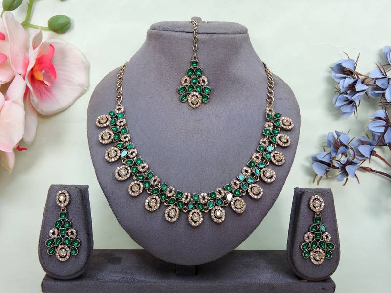 Green yellow gold premium designer american diamond and stone work necklace set
