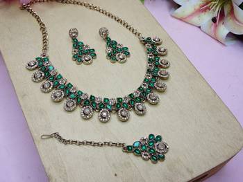 Green yellow gold premium designer american diamond and stone work necklace set 2