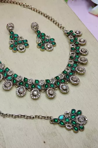 Green yellow gold premium designer american diamond and stone work necklace set