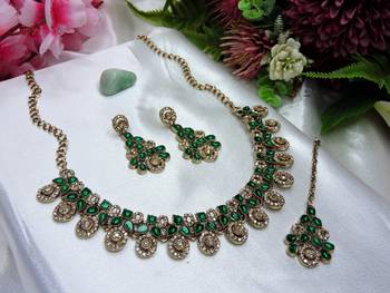 Green yellow gold premium designer american diamond and stone work necklace set 3