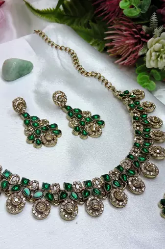 Green yellow gold premium designer american diamond and stone work necklace set