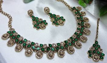 Green yellow gold premium designer american diamond and stone work necklace set 4