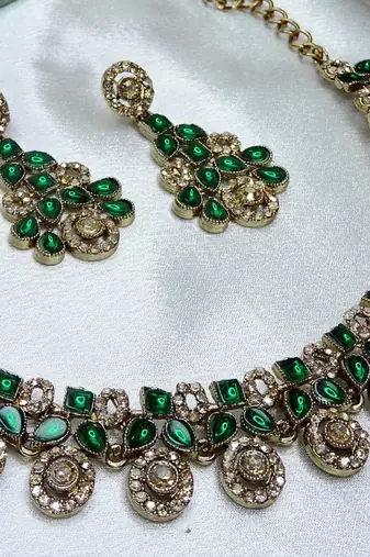 Green yellow gold premium designer american diamond and stone work necklace set