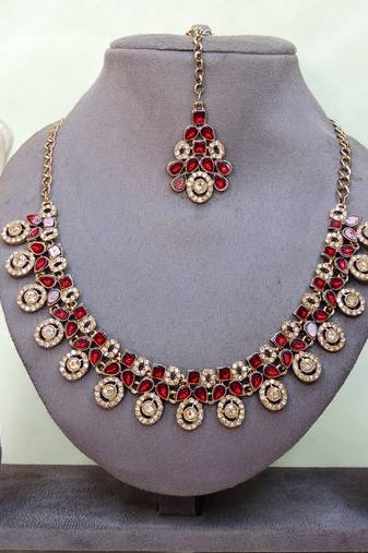Maroon yellow gold premium designer american diamond and stone work necklace set