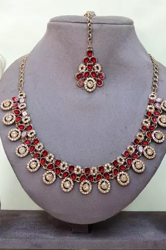 Maroon yellow gold premium designer american diamond and stone work necklace set