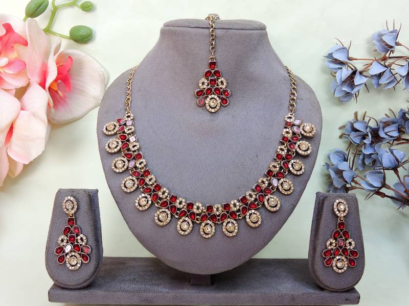 Maroon yellow gold premium designer american diamond and stone work necklace set