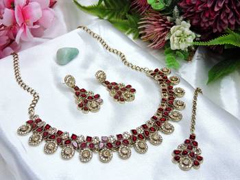 Maroon yellow gold premium designer american diamond and stone work necklace set 2
