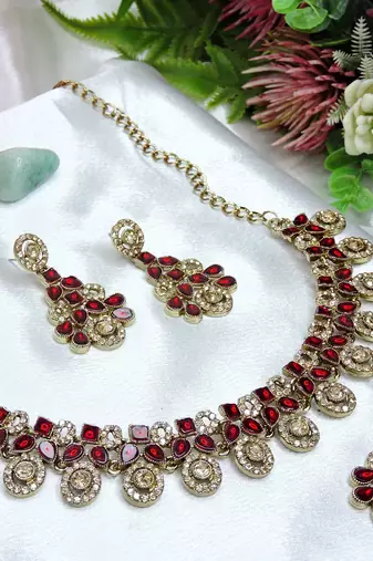 Maroon yellow gold premium designer american diamond and stone work necklace set