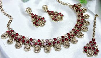 Maroon yellow gold premium designer american diamond and stone work necklace set 3