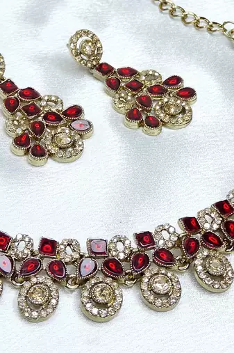 Maroon yellow gold premium designer american diamond and stone work necklace set