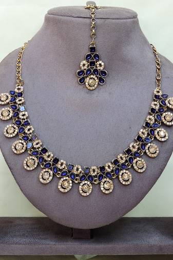 Blue yellow gold premium designer american diamond and stone work necklace set