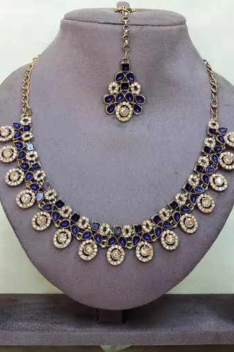Blue yellow gold premium designer american diamond and stone work necklace set