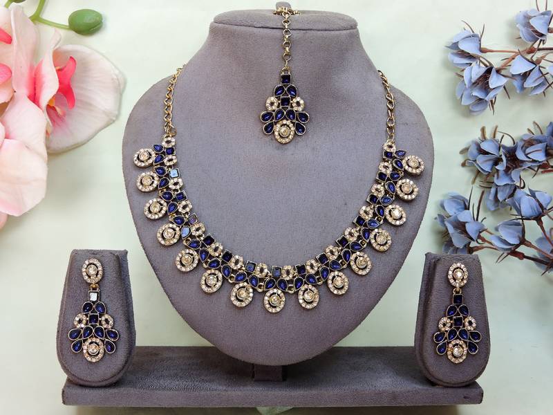 Blue yellow gold premium designer american diamond and stone work necklace set