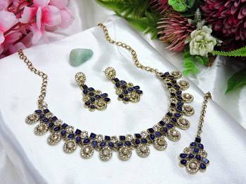 Blue yellow gold premium designer american diamond and stone work necklace set 2