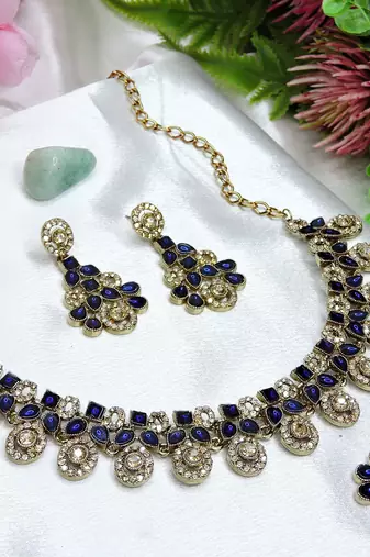 Blue yellow gold premium designer american diamond and stone work necklace set
