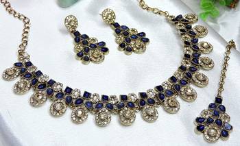 Blue yellow gold premium designer american diamond and stone work necklace set 3