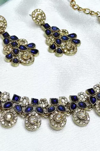 Blue yellow gold premium designer american diamond and stone work necklace set