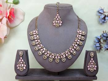 Pink yellow gold premium designer american diamond and stone work necklace set 1