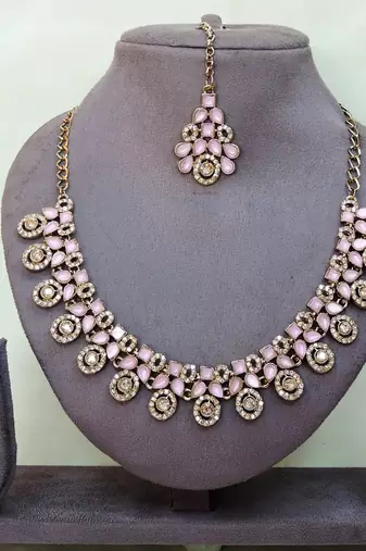 Pink yellow gold premium designer american diamond and stone work necklace set