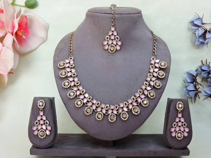 Pink yellow gold premium designer american diamond and stone work necklace set