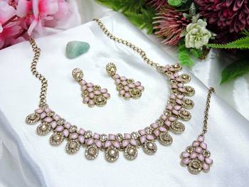 Pink yellow gold premium designer american diamond and stone work necklace set 2