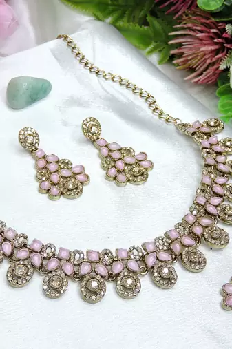 Pink yellow gold premium designer american diamond and stone work necklace set