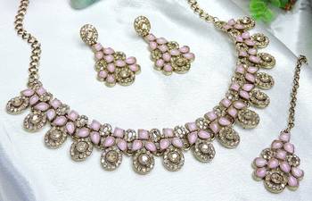 Pink yellow gold premium designer american diamond and stone work necklace set 3