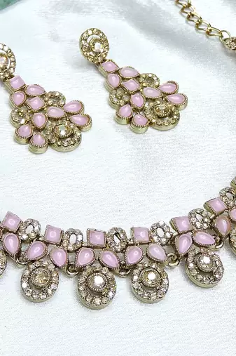 Pink yellow gold premium designer american diamond and stone work necklace set
