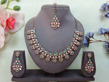 Green yellow gold premium designer american diamond and stone work necklace set 1