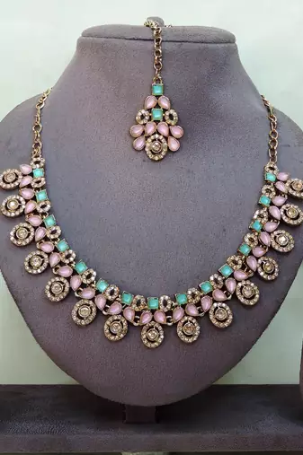 Green yellow gold premium designer american diamond and stone work necklace set