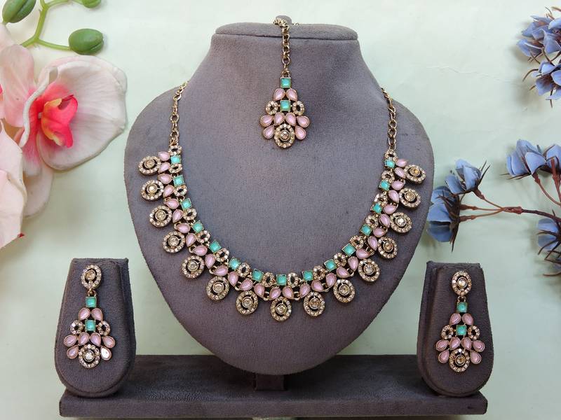 Green yellow gold premium designer american diamond and stone work necklace set
