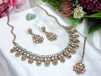 Green yellow gold premium designer american diamond and stone work necklace set 2