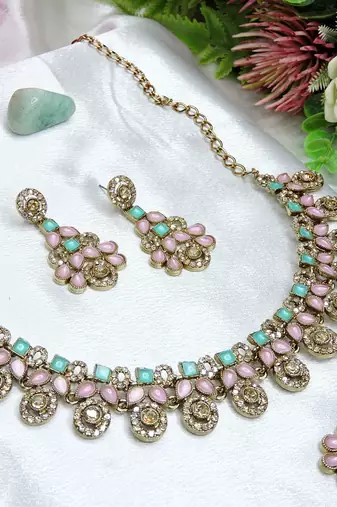 Green yellow gold premium designer american diamond and stone work necklace set