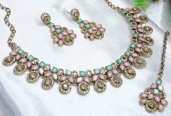 Green yellow gold premium designer american diamond and stone work necklace set 3