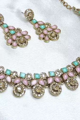 Green yellow gold premium designer american diamond and stone work necklace set