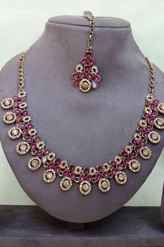 Purple yellow gold premium designer american diamond and stone work necklace set