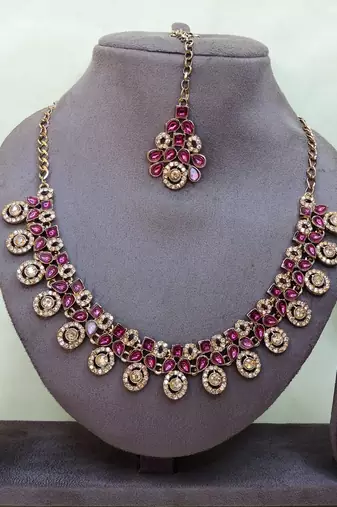 Purple yellow gold premium designer american diamond and stone work necklace set