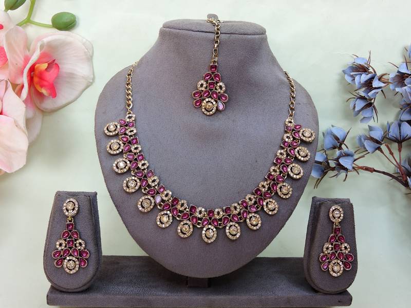 Purple yellow gold premium designer american diamond and stone work necklace set