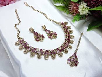 Purple yellow gold premium designer american diamond and stone work necklace set 2