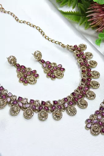 Purple yellow gold premium designer american diamond and stone work necklace set