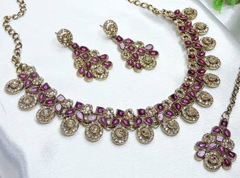 Purple yellow gold premium designer american diamond and stone work necklace set 3