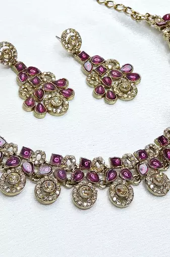 Purple yellow gold premium designer american diamond and stone work necklace set